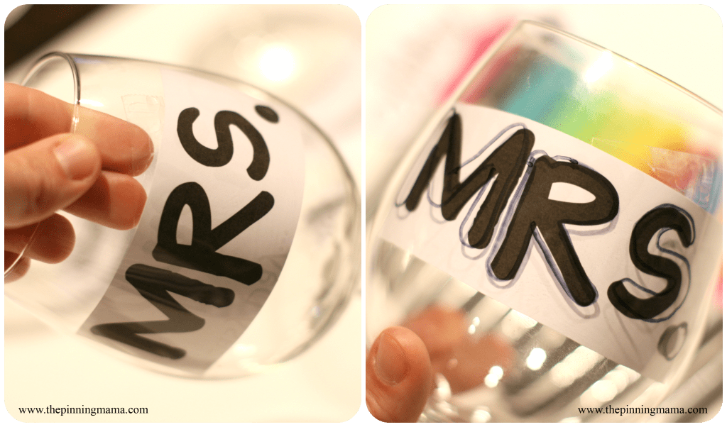 Remove the paper and then fill in your letters. Personalized Wine Glasses www.thepinningmama.com