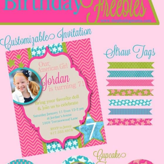 American Girl Birthday Freebies - Birthday Invitation, Cupcake Toppers, Straw Tags