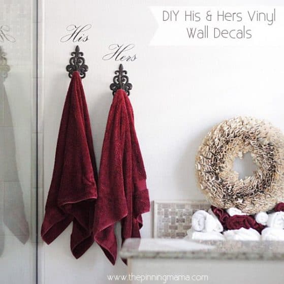 His & Hers Vinyl Wall Decal for towel hooks - inexpensive, quick and easy project to personalize the master bathroom!