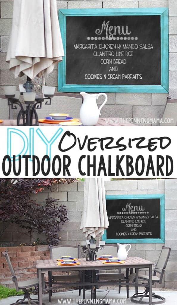 This DIY Oversized Outdoor Chalkboard makes the perfect compliment to an outdoor sitting area! It would be so fun for entertaining!