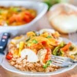 Easy Fajita Chicken Bake with bell peppers onions and cheese