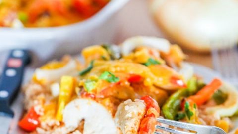 Easy Fajita Chicken Bake with bell peppers onions and cheese