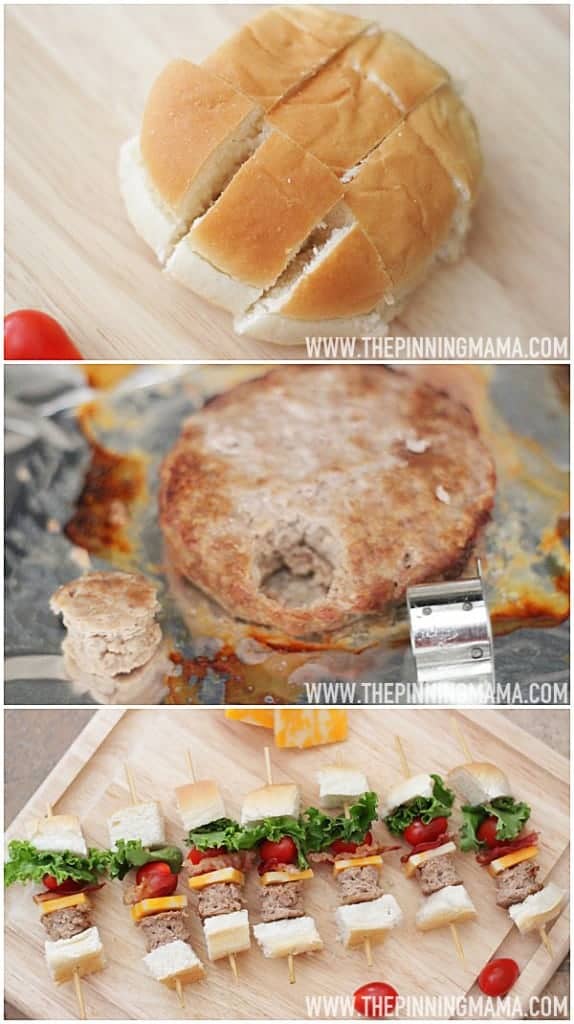 So fun for game day!  Mini Bacon Cheeseburger Skewers!