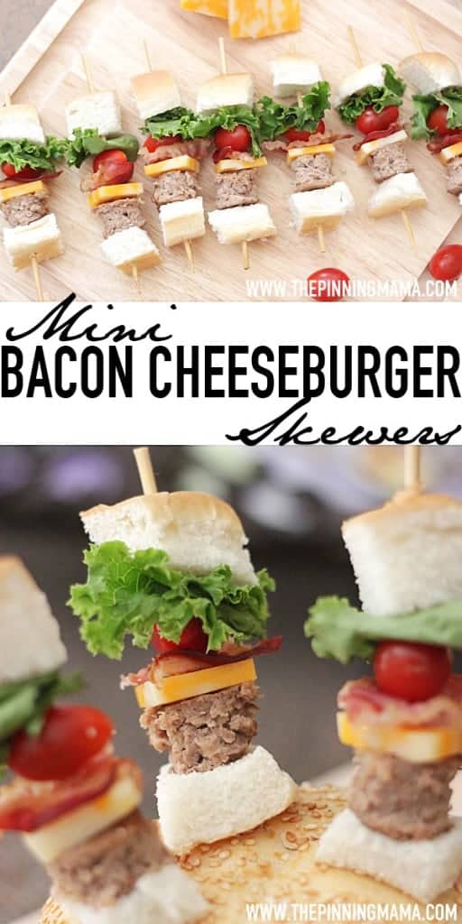So fun for game day!  Mini Bacon Cheeseburger Skewers!