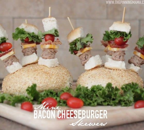 So fun for game day! Mini Bacon Cheeseburger Skewers!