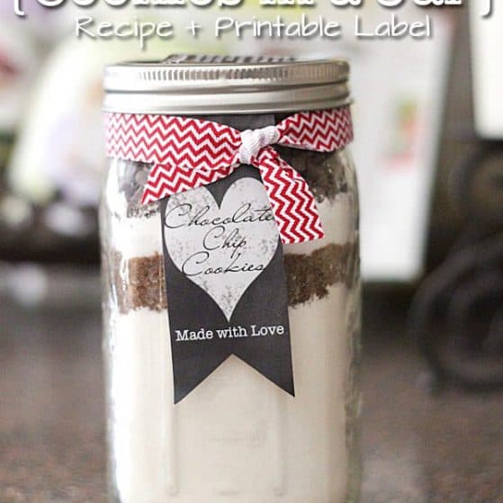 Thick & Chewy Chocolate Chip Cookies in a Jar {Recipe + Printable Label} - The gift version of our top recipe- pinned over 100K times!