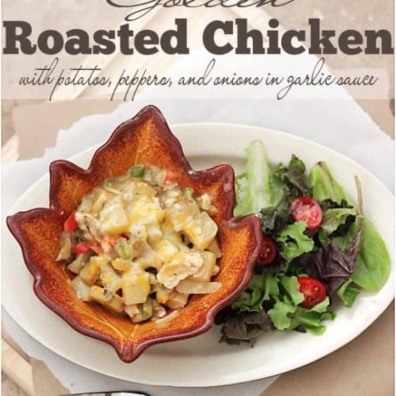 Roasted Chicken with potatoes, onion, peppers, in garlic sauce is ready in minutes.