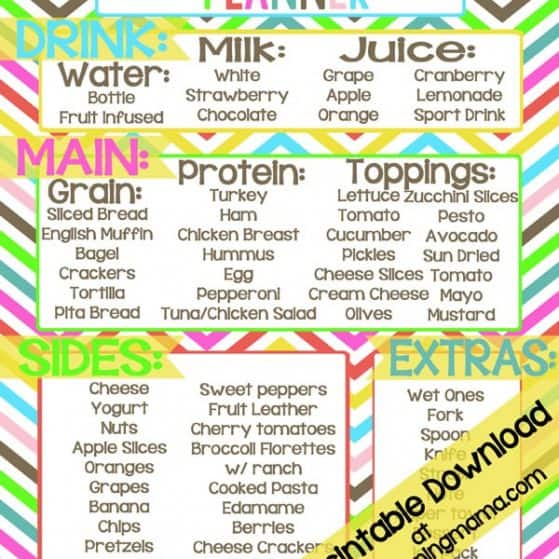 Make packing school lunch easy with this free printable planner! 100's of combinations of easy and healthy foods for your lunch box.