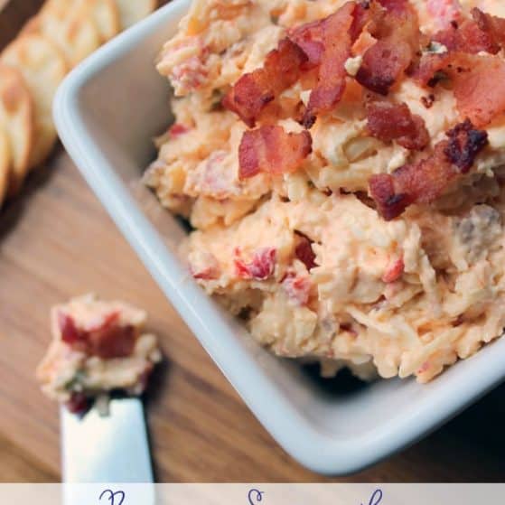 Bacon Sriracha Pimento Cheese Dip. Perfect snack to enjoy while watching football! | ThePinningMama.com