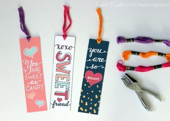 Hand-Lettered Valentine's Bookmark Printables. Just print, cut, hole punch and add some embroidery thread. Add any candy for a sweet little Valentine's Day Gift! | thepinningmama.com