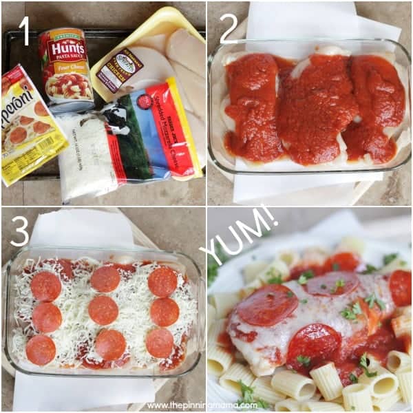 The kids will devour this healthy 4 ingredient dinner recipe! Easy Pizza Chicken Bake from thepinningmama.com