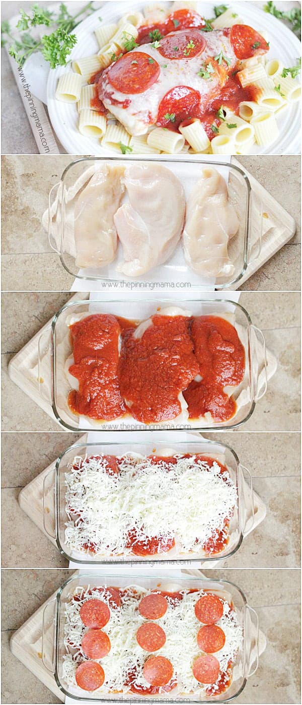 Only 4 ingredients and the kids will love this dinner recipe! Easy Pizza Chicken Bake from thepinningmama.com