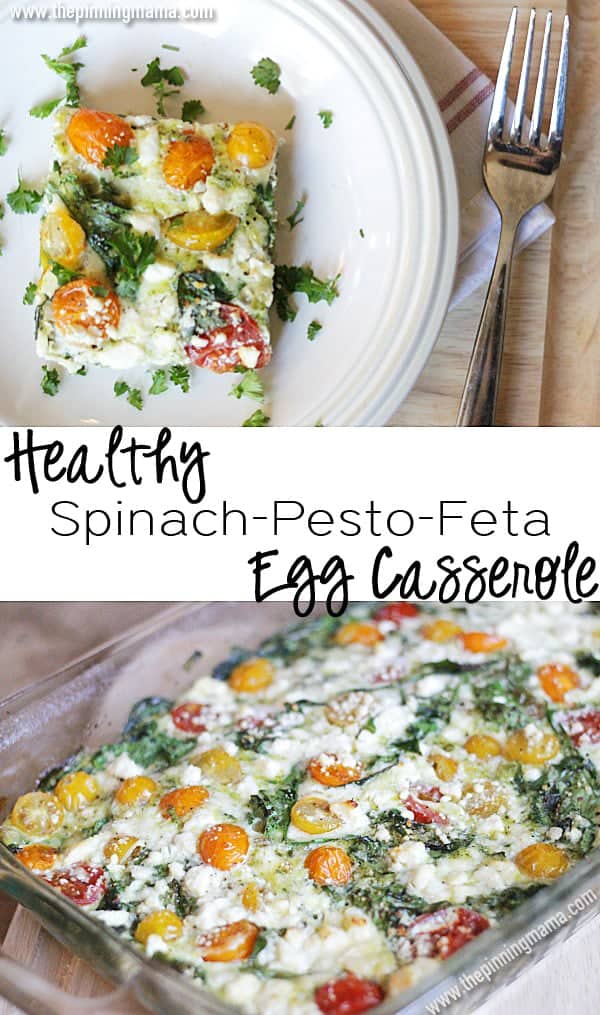 Perfect healthy breakfast to bring to a brunch! Spinach Pesto feta egg white casserole via thepinningmama.com