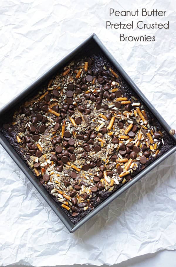 Dress up a brownie mix in 10 minutes to make these gourmet Peanut Butter Pretzel Crusted Brownies. Recipe via thepinningmama.com