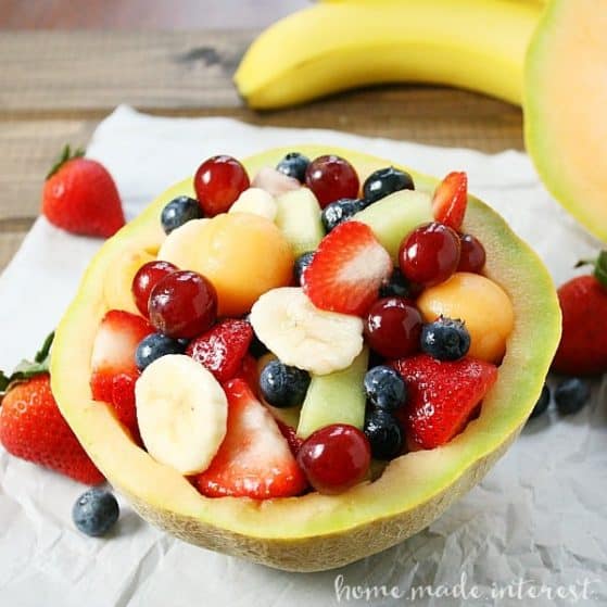 Cool and refreshing this fruit salad is sweetened with lemonade. Perfect for summer picnics and a healthy snack for the kids.