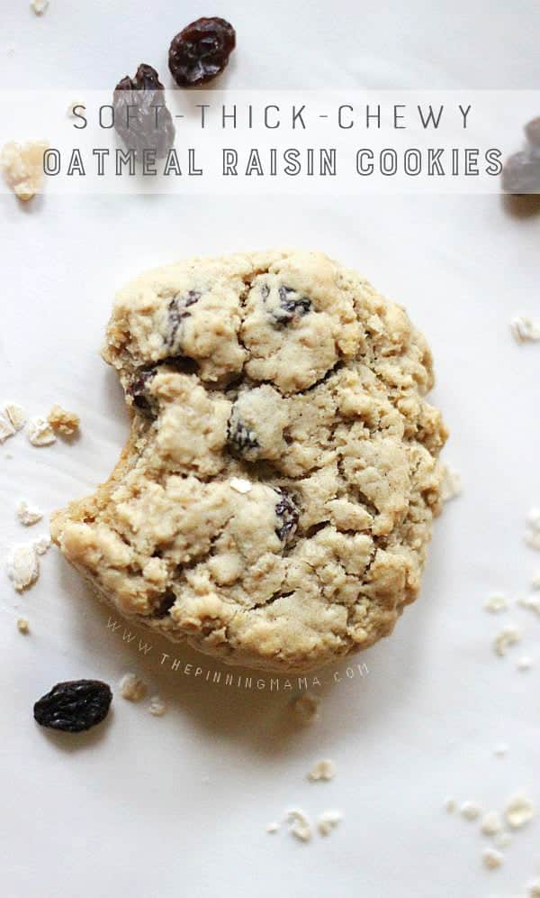 Soft, chewy, thick oatmeal raisin cookie recipe. My favorite kind!