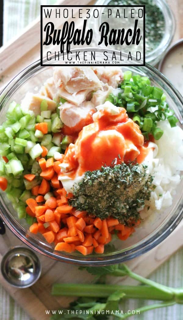 Simple whole food ingredients - Buffalo Ranch Chicken Salad. This easy recipe is so delicious! It is packed with flavors and you can make it as spicy as you want. As a bonus, it is Paleo, Whole30 Compliant, gluten free, dairy free, and just plain tasty whether you are following a special diet or not.