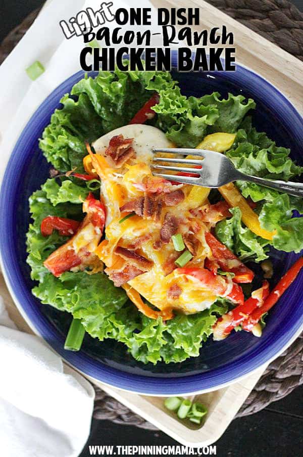 A light version of the Bacon Ranch Chicken Bake pinned over 150,000 times! Delicious one dish dinner recipe!