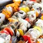 Paleo Fajita Kabobs on the grill. This is perfect for when we have company because everyone can customize their own! Whole30 compliant