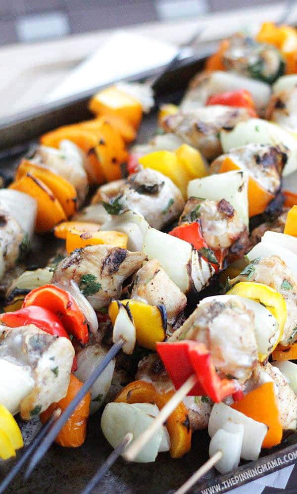 Paleo Fajita Kabobs on the grill. This is perfect for when we have company because everyone can customize their own! Whole30 compliant