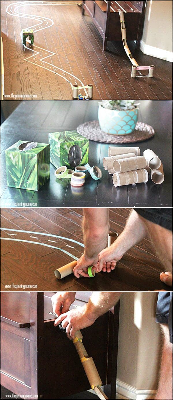 Great craft for kids! Make a race track with just washi tape and card board tubes. So smart!