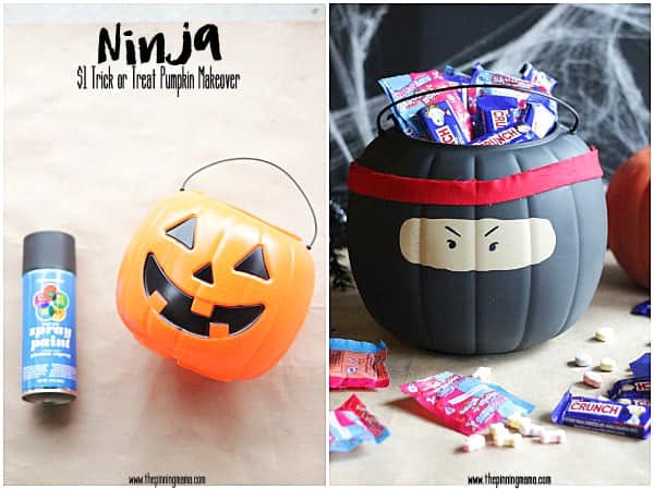 In only 4 steps transform your orange $1 halloween pumpkin into a cool ninja trick or treat bucket with this easy DIY.
