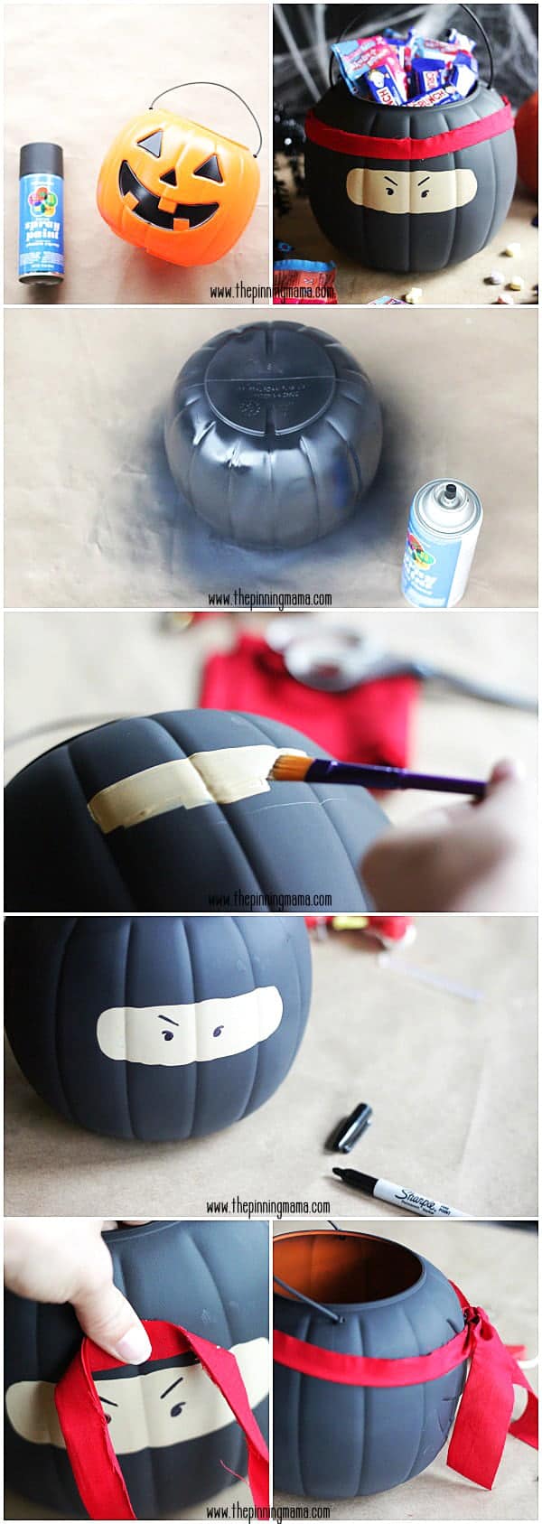 $1 Orange Halloween Pumpkin to Cool Ninja trick or treat bucket with just a little spray paint, a sharpie and a strip of red fabric. So easy!