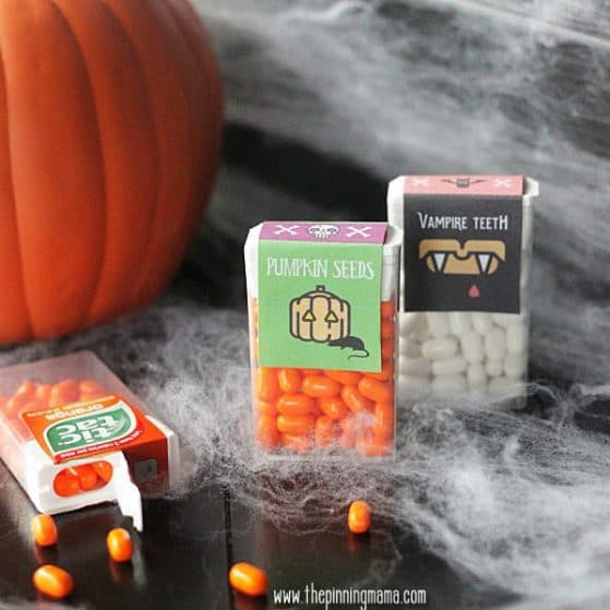 Halloween Printables - Pumpkin Seeds and Vampire Teeth Tic Tac Labels. Too cute!
