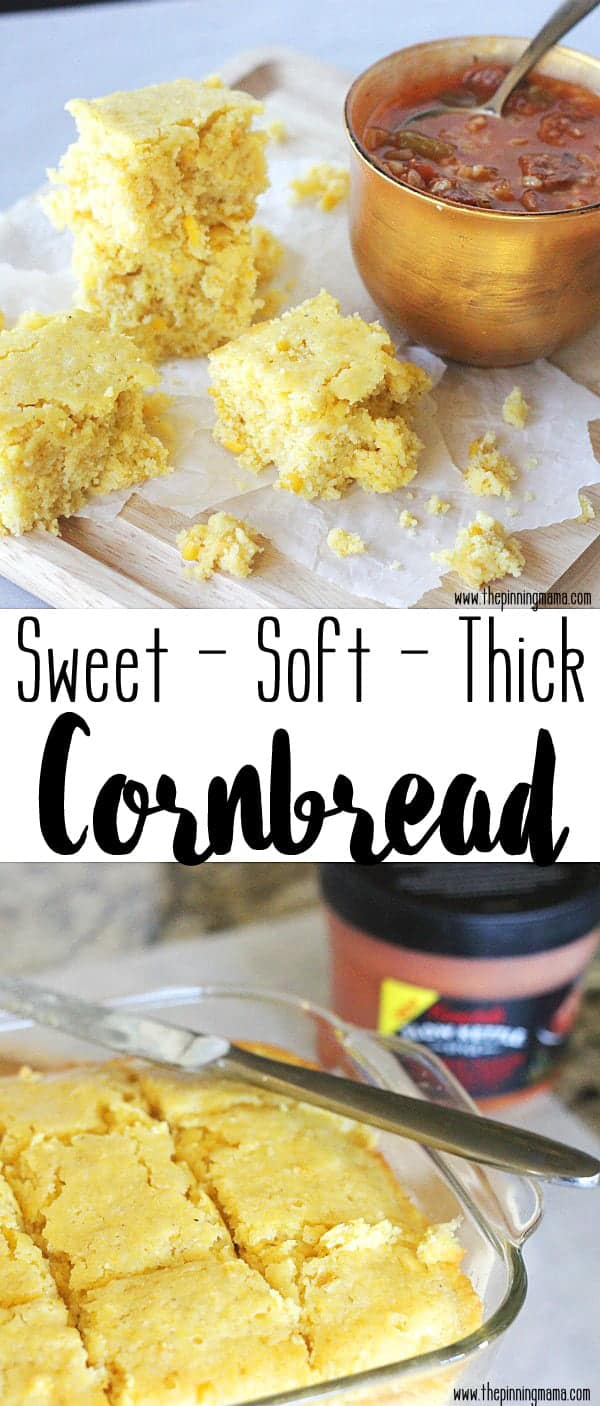 This sweet cornbread recipe is exactly what I have been looking for!  It is thick and super soft- not even a little dry and crumbly.  I will be making this for YEARS to come!