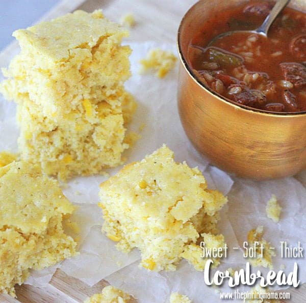The perfect thick, soft, and sweet cornbread recipe.  Made with 3 simple ingredients the creamed corn makes a world of difference!