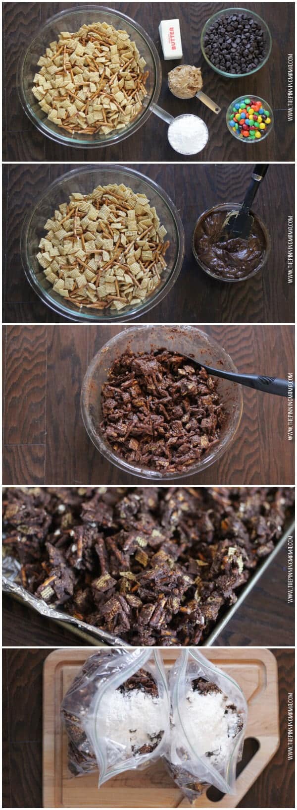 Only a few ingredients in this amazing Chocolate Peanut Butter Chex mix recipe!  Perfect for kids to help!