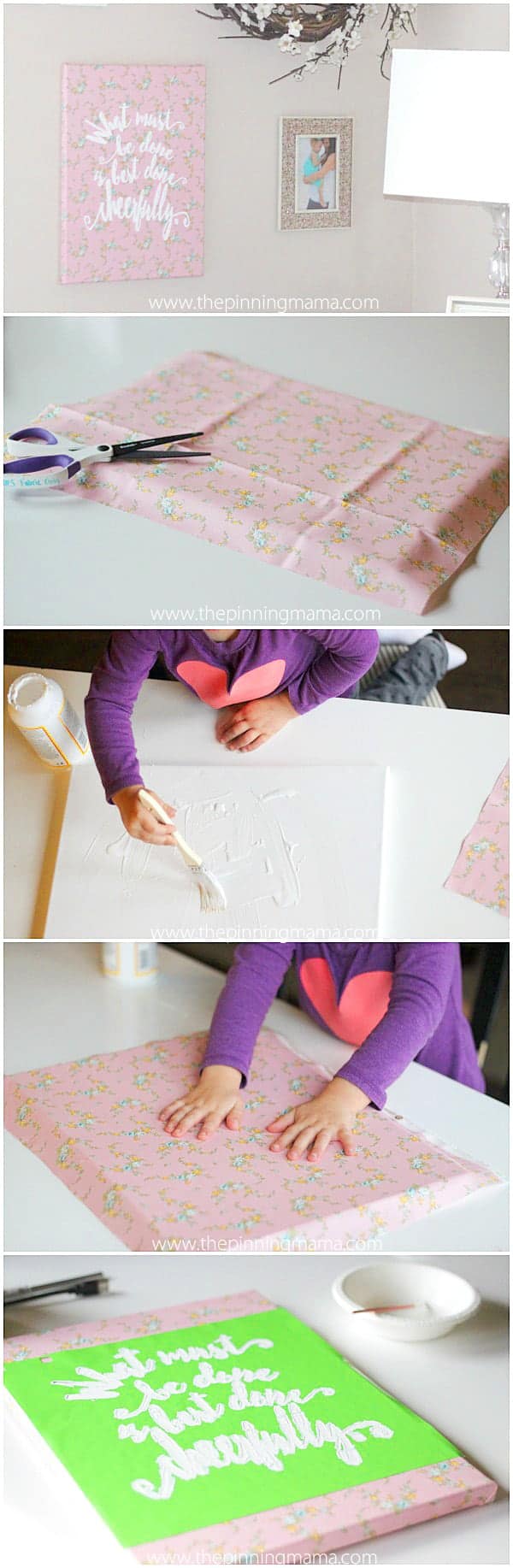 Perfect easy craft idea!  Make this canvas with fabric and a stencil to match any space or decor.  She even used Little House on the Prairie Fabric for her daughter's room.  Too cute!