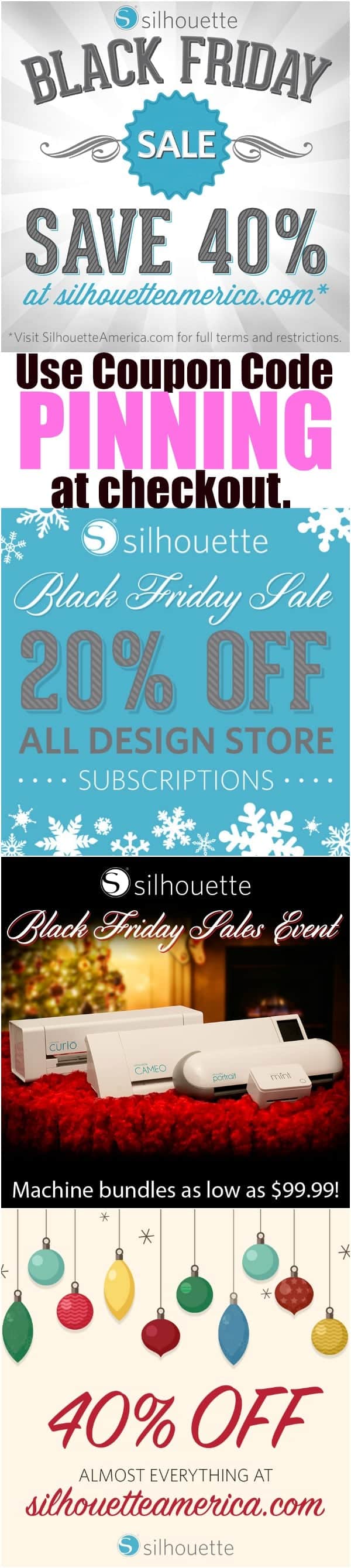 Get the BIGGEST discounts of the year! Silhouette Black Friday Sale 2015-- Use Silhouette Coupon code PINNING at check out. Great details on what you would want to buy!