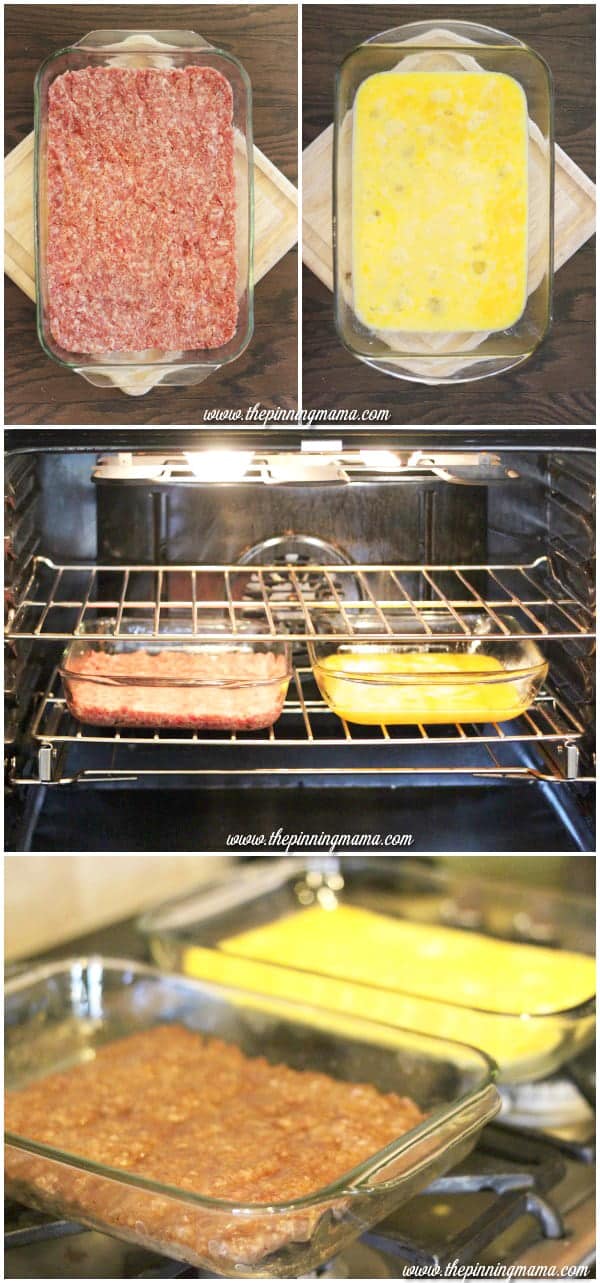 Cook sausage and eggs side by side in the oven for a quick way to feed a crowd and solve the age old dilemma of having everything hot at the same time!