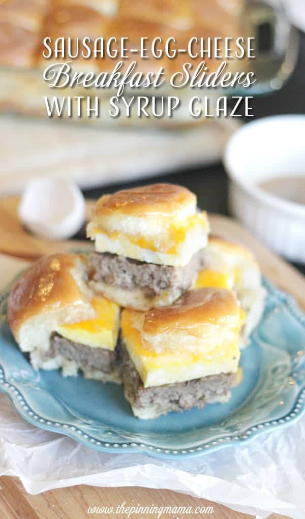 Perfect idea for a bridal shower or baby shower brunch. Sausage egg and cheese sliders with syrup glaze recipe.