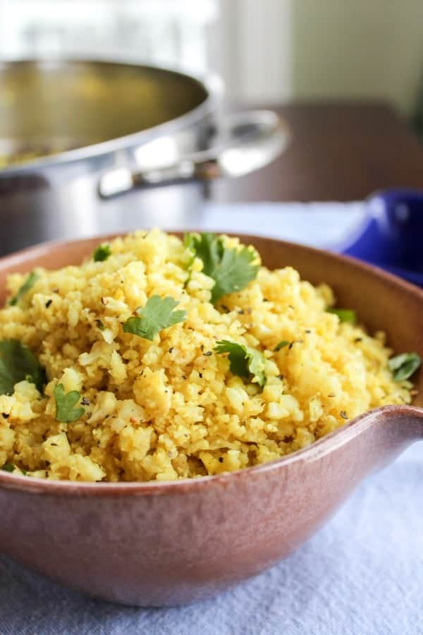 Indian cauliflower rice recipe - low carb, gluten free side dish option. Love the indian flavors!!