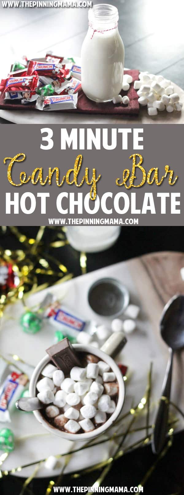 3 Minute Candy Bar Hot Chocolate Recipe- I guess this is what you do with all the candy from the stockings!  This sounds so delicious and easy for a cold night!