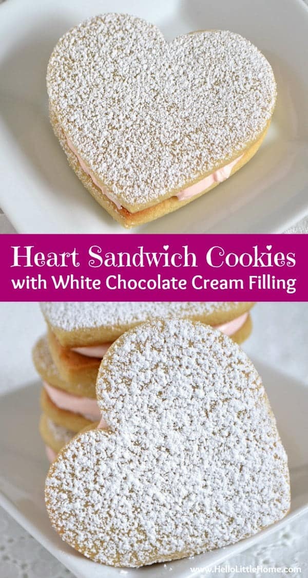 These Heart Sandwich Cookies with White Chocolate Cream Cheese Filling are an irresistible Valentine's Day treat! | Hello Little Home