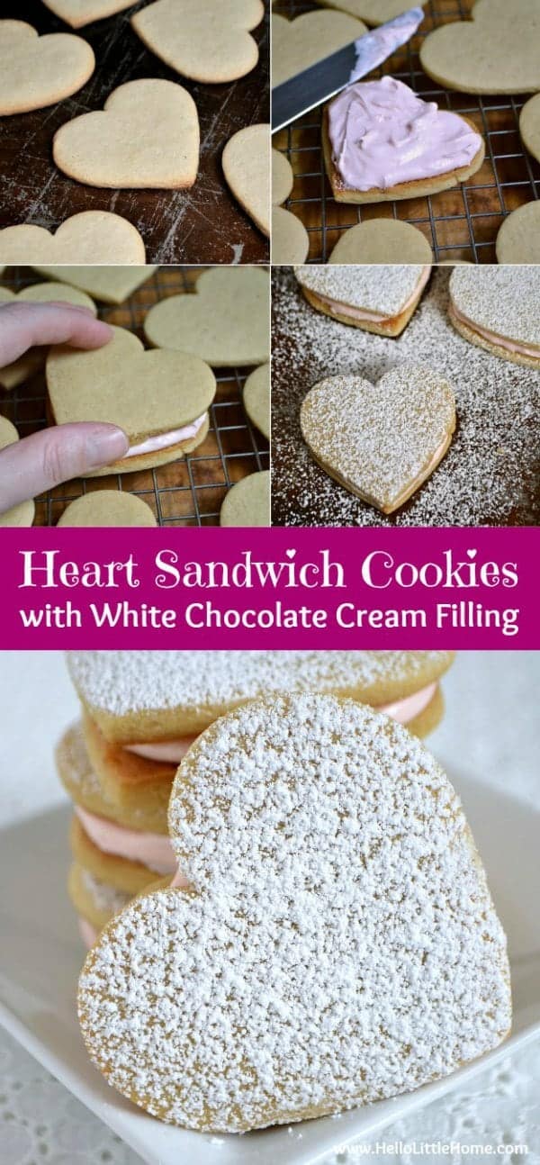 These Heart Sandwich Cookies with White Chocolate Cream Cheese Filling are an irresistible Valentine's Day treat! | Hello Little Home