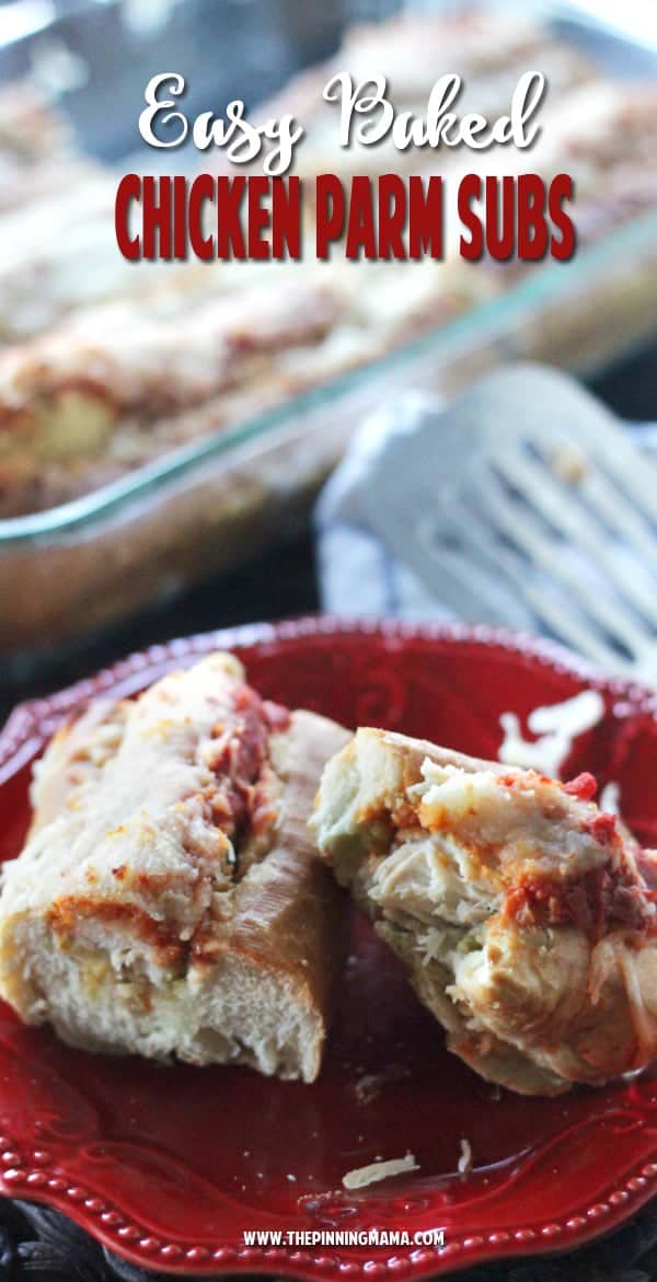 Easy Baked Chicken Parm Subs recipe - So easy to feed a crowd! Perfect for a party or tailgate since it only takes a few minutes to prepare enough to feed a crowd!! Chicken and lots of melty cheese make these my favorite appetizer!