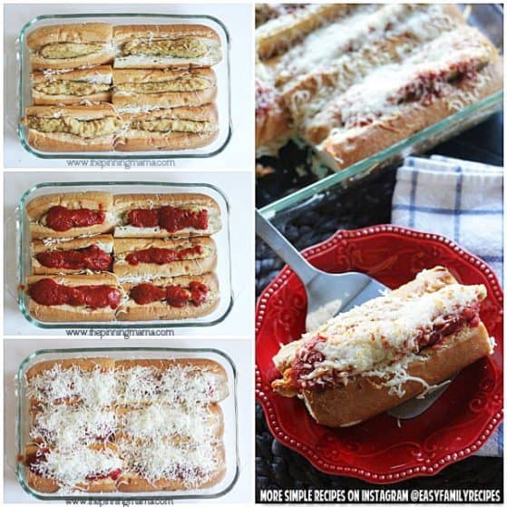 Easy Chicken Parmesan Sandwich Bake - Great for watching football or entertaining a crowd. You can make these with just 4 ingredients and bake them all in a dish together so it only takes minutes to put together! What a delicious recipe and a great idea!