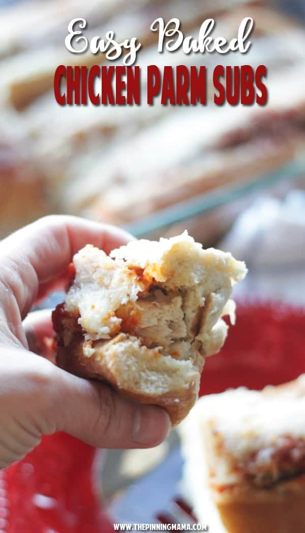 Easy Chicken Parmesan Sandwich Bake - Great for watching football or entertaining a crowd. You can make these with just 4 ingredients and bake them all in a dish together so it only takes minutes to put together! What a delicious recipe and a great idea!