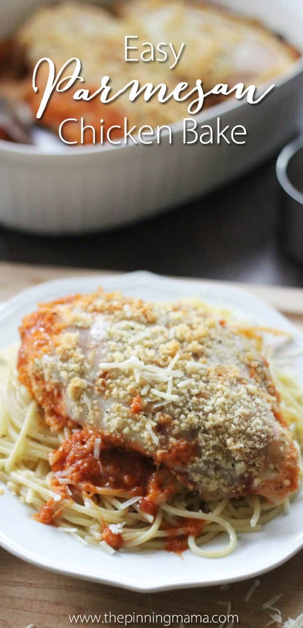 Easy Chicken Parmesan Bake Recipe- 5 ingredient one dish dinner! Love that there is almost NO clean up and holy moly this this delicious!! Better than the original and healthy!