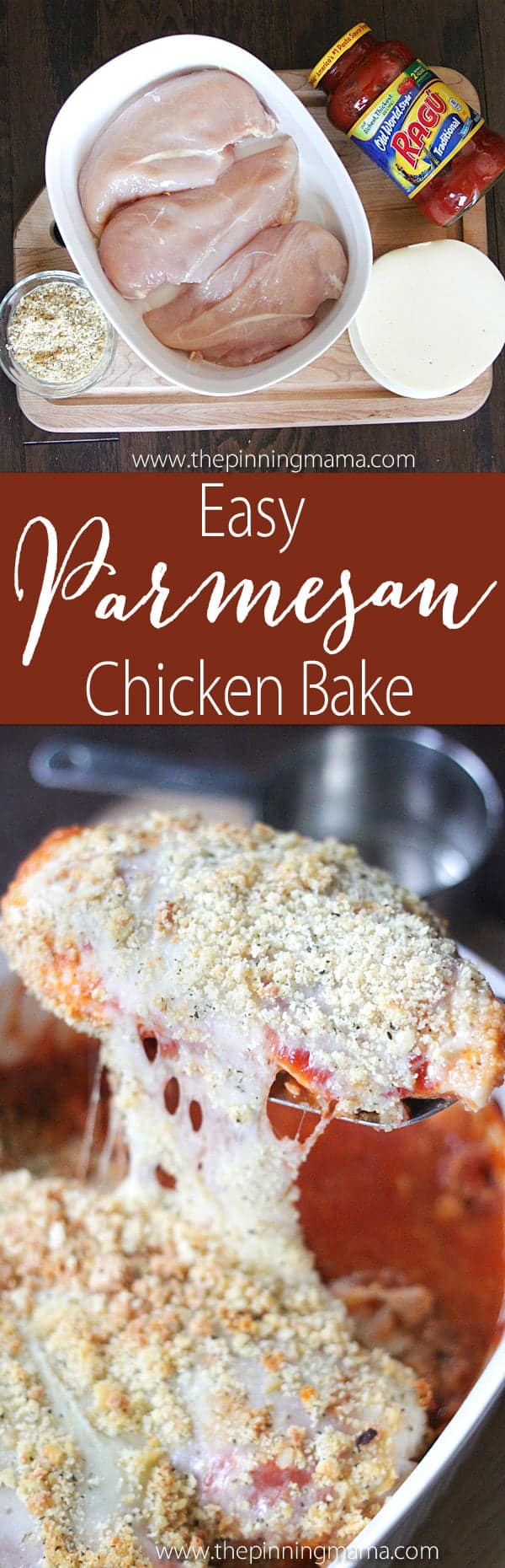 Easy Chicken Parmesan Bake Recipe- 5 ingredient one dish dinner!  Love that there is almost NO clean up and holy moly this this delicious!! Better than the original and healthy!