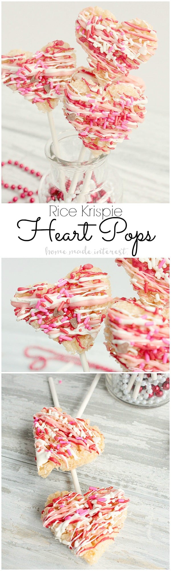These heart shaped Rice Krispie Treat pops are a fun last minute Valentine’s Day treat that you can decorate with your kids.