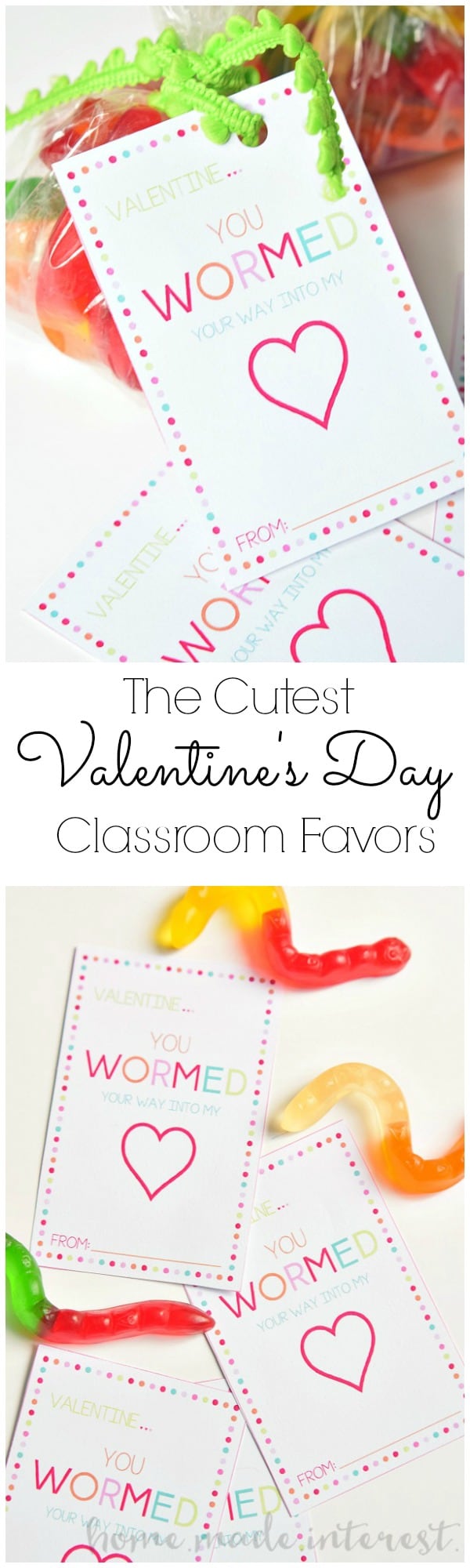 These Valentine’s Day Classroom Favors are the cutest! Print out the free printable Valentine’s Day card and put a smile on every kid’s face with this gummy worm valentine. 