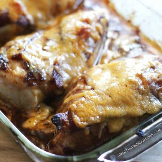 EASY BARBECUE BACON CHICKEN BAKE Recipe - Easy + Delicious = My favorite kind of recipe. One pan and 4 ingredients. It doesn't get much better than this for an easy weeknight dinner that the whole family will love!