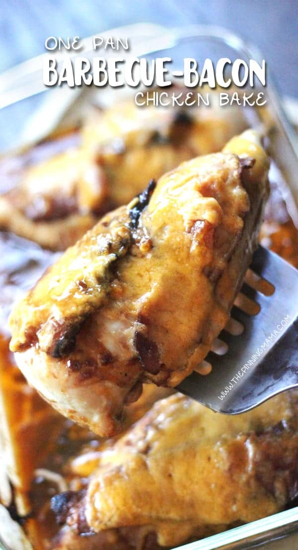 EASY BARBECUE BACON CHICKEN BAKE Recipe - Only one pan and 4 ingredients and you won't believe how delicious this turns out. Such an easy recipe for a weeknight dinner, you can have it from the fridge to the oven in about 10 minutes.