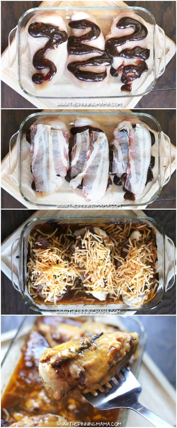 EASY BARBECUE BACON CHICKEN BAKE- This recipe is SO delicious!! Bacon, BBQ sauce and cheddar cheese baked on top of wholesome chicken... what's not to love! Only one dish to clean up makes it a super easy (and delicious) weeknight meal! 