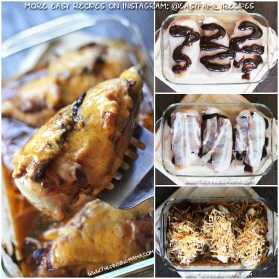 EASY BARBECUE BACON CHICKEN BAKE- This recipe is as easy as it is delicious. The BBQ sauce, Bacon and Cheddar on the chicken is a winning combo! This recipe is a real husband pleaser!!